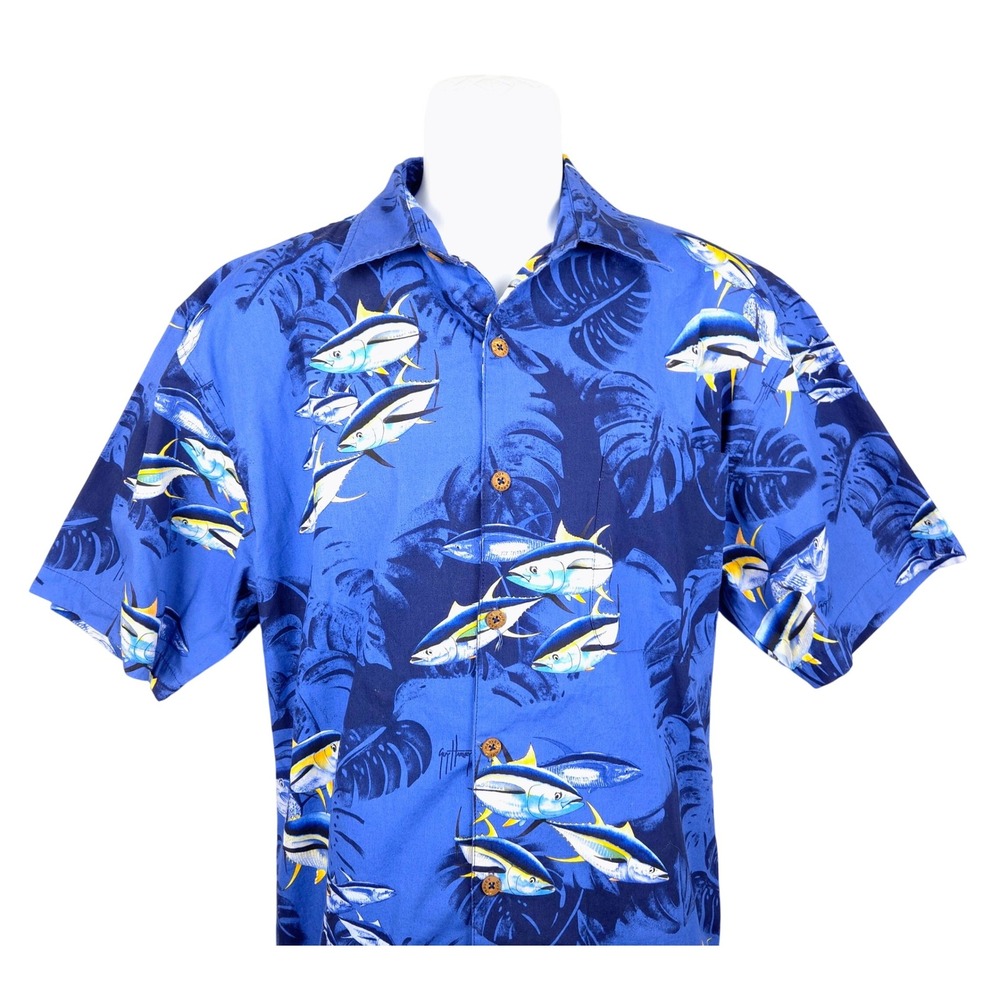 Guy Harvey Blue Tuna Fish Print Short Sleeve Button Down Shirt Mens L